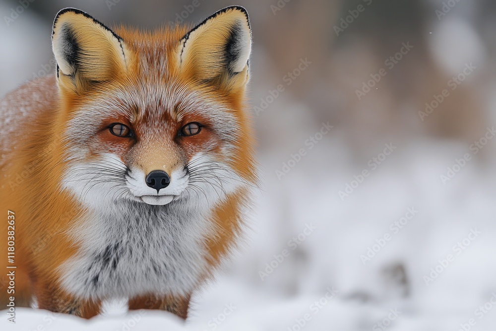 Poster a close-up of a red fox in snowy environment