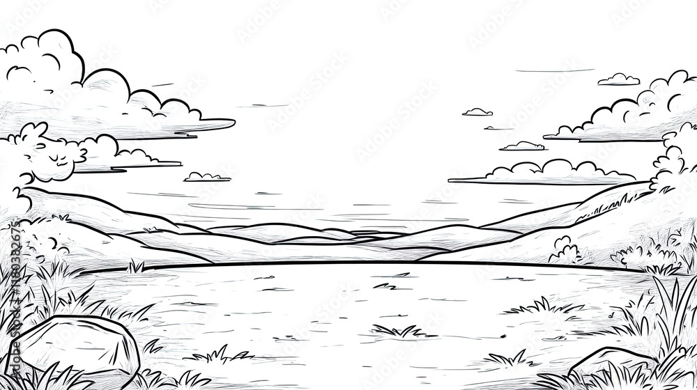 Poster A simple black and white drawing of a mountain range with a lake in the foreground and a sunset behind it.