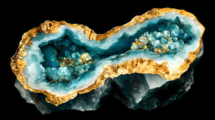 Fototapeta premium Watercolor turquoise and gold geode on black background, abstract mineral illustration for jewelry or home decor. Crystalpath. Illustration