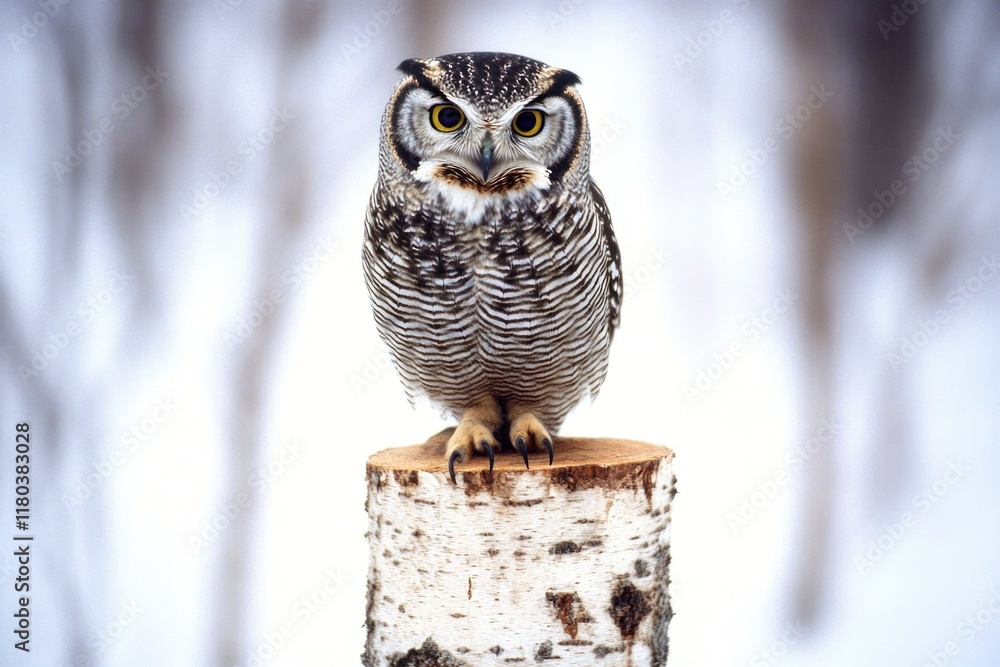 Poster a wise owl perches on top of a weathered tree stump in a natural setting