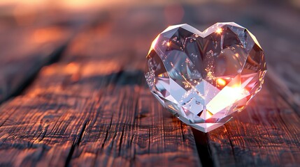 A shiny heart-shaped crystal on a wooden table