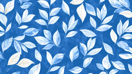 Winter pattern showing white leaves on a blue background. Crystalpath. Illustration