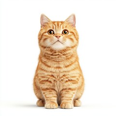 A cute orange tabby Minskin cat with big eyes sitting upright and looking curiously at the camera against a white background.