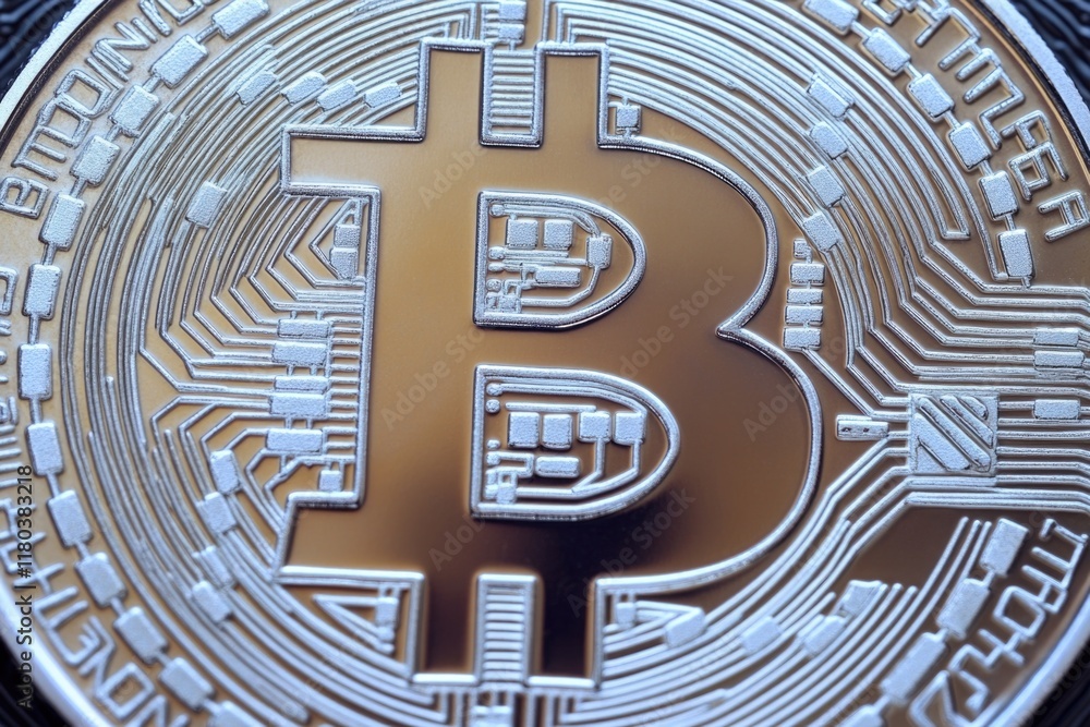 Poster a detailed view of a bitcoin on a flat surface