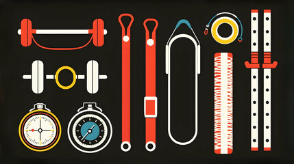 Fototapeta premium Colorful flat design icons of exercise equipment, fitness gear, and accessories.