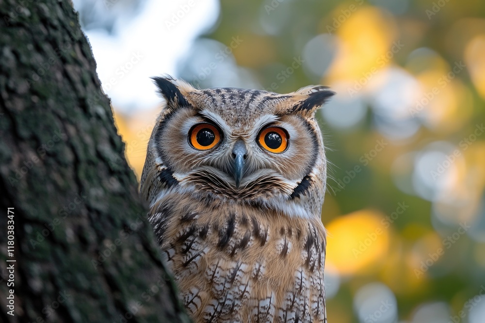Poster A close-up view of an owl sitting on a tree branch, looking alert and focused