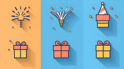 Flat design icons of fireworks, party poppers, and gift boxes, set against a vibrant background.