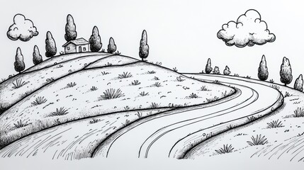 Fototapeta premium Hand drawn black and white illustration of a winding road leading to a small house on a hill with trees and clouds.