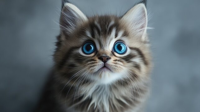 A curious kitten looks up at the camera with its bright blue eyes
