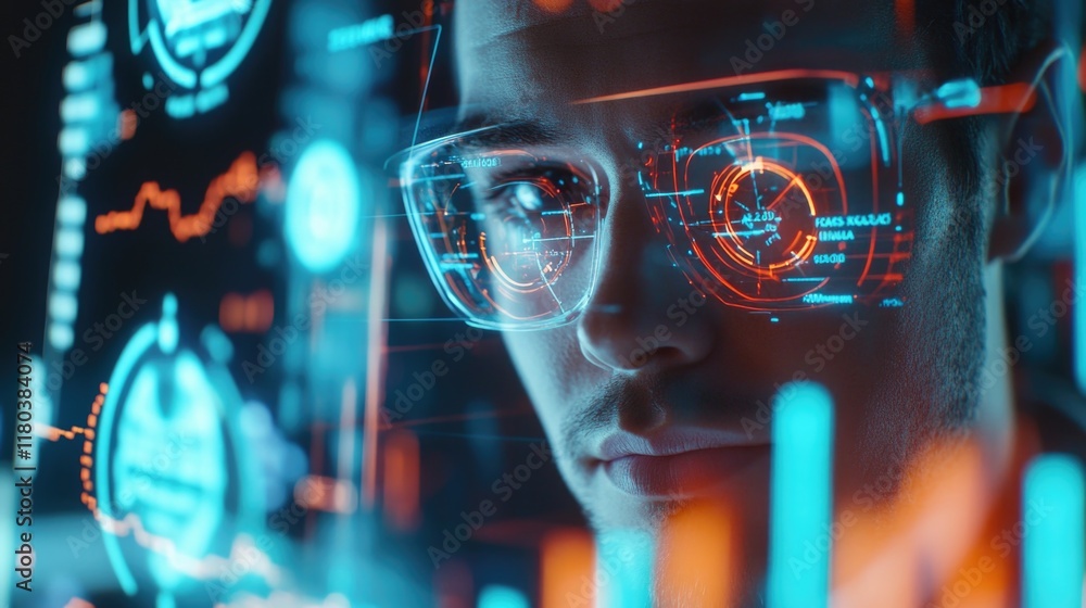 Poster Man examining charts and graphs on a digital display, likely reviewing business or financial information
