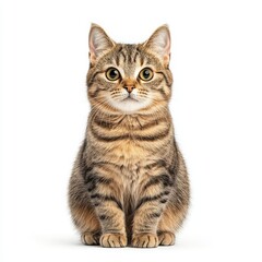 Obraz premium A cute tabby European Shorthair cat sitting calmly, showcasing its beautiful fur pattern and large, expressive eyes. Perfect for pet lovers or feline enthusiasts.