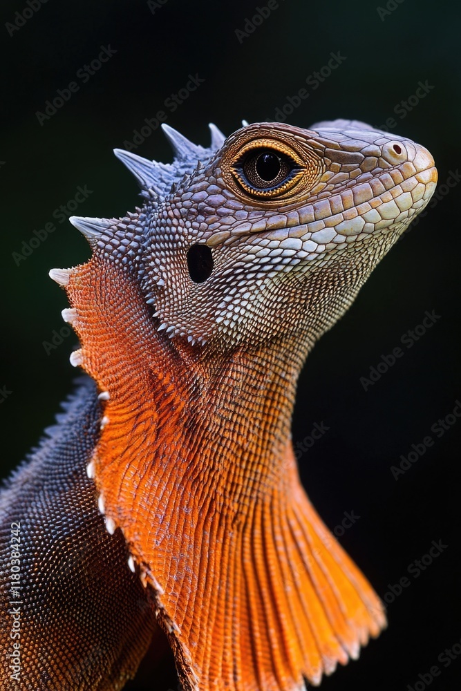 Poster a close-up view of a lizard's head and neck, with detailed features visible