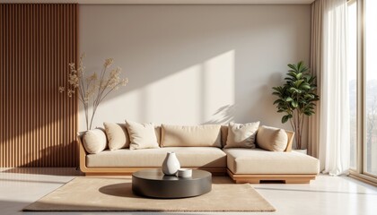 Art deco interior japandi living room with a large window, a sofa, a coffee table, and some decorative elements.