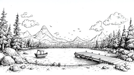 Hand-drawn illustration of a serene lake scene with a small boat, a wooden dock, and mountains in the background.
