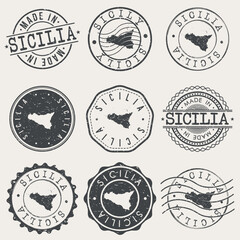Obraz premium Sicily, Italy Set of Stamps. Country Travel Marks. Made In Product. Design Seals Old Style Insignia.