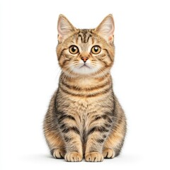 A cute tabby Brazilian Shorthair cat with striking eyes, sitting upright and looking directly at the camera, showcasing its playful personality.