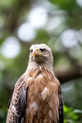 A large bird sits comfortably on the top of a tree branch, its feathers glistening in the sunlight