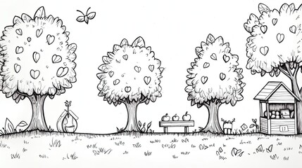 Naklejka premium Hand-drawn sketch of a small orchard with a fruit stand, a bench, and a butterfly flying overhead.
