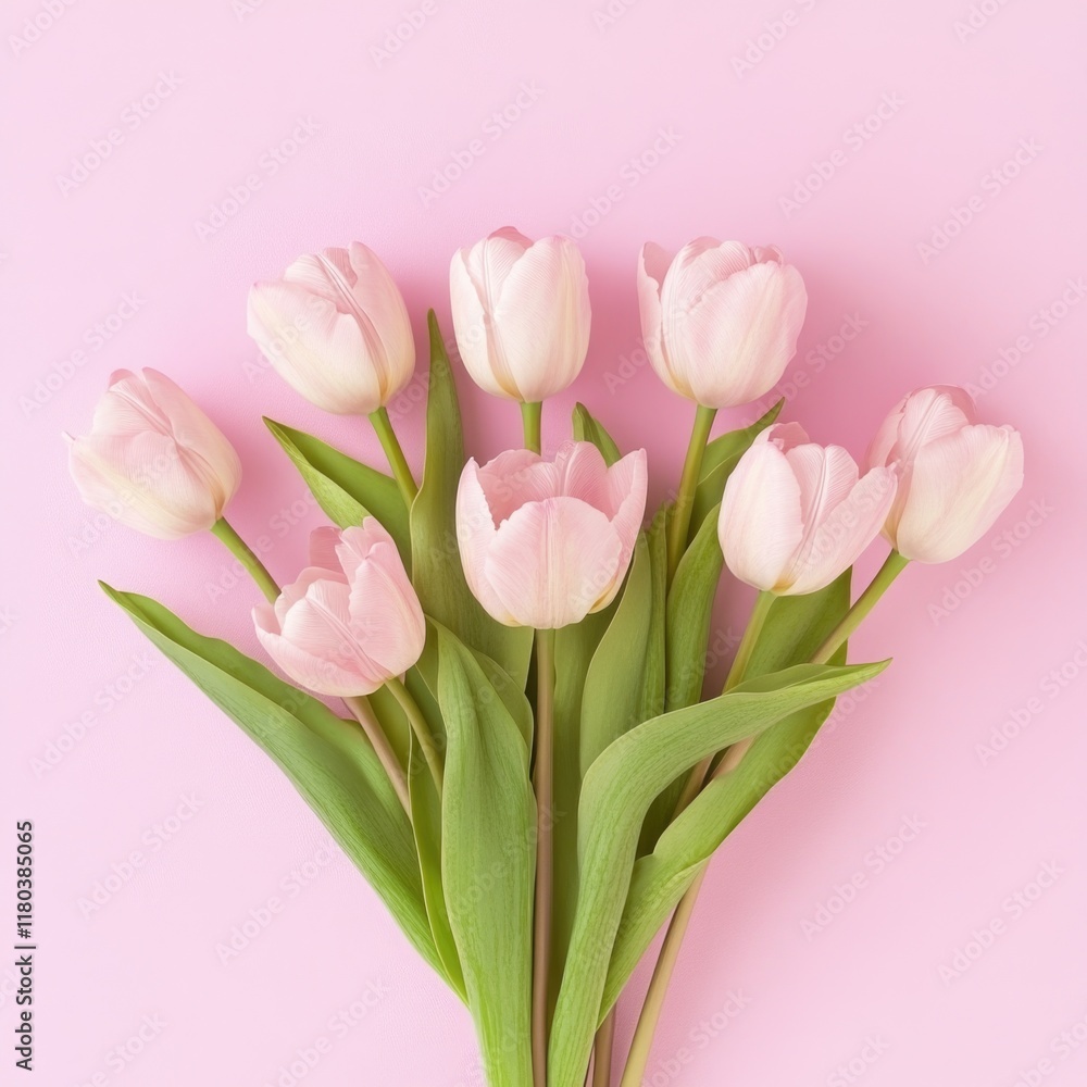 Poster A vibrant bouquet of pink tulips arranged on a matching pink background, perfect for adding a pop of color to your design or project