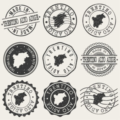 Trentino-South Tyrol, Italy Set of Stamps. Country Travel Marks. Made In Product. Design Seals Old Style Insignia.