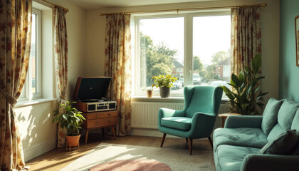 Art deco interor living room with a large window, curtains, a sofa, a coffee table, and a record player.