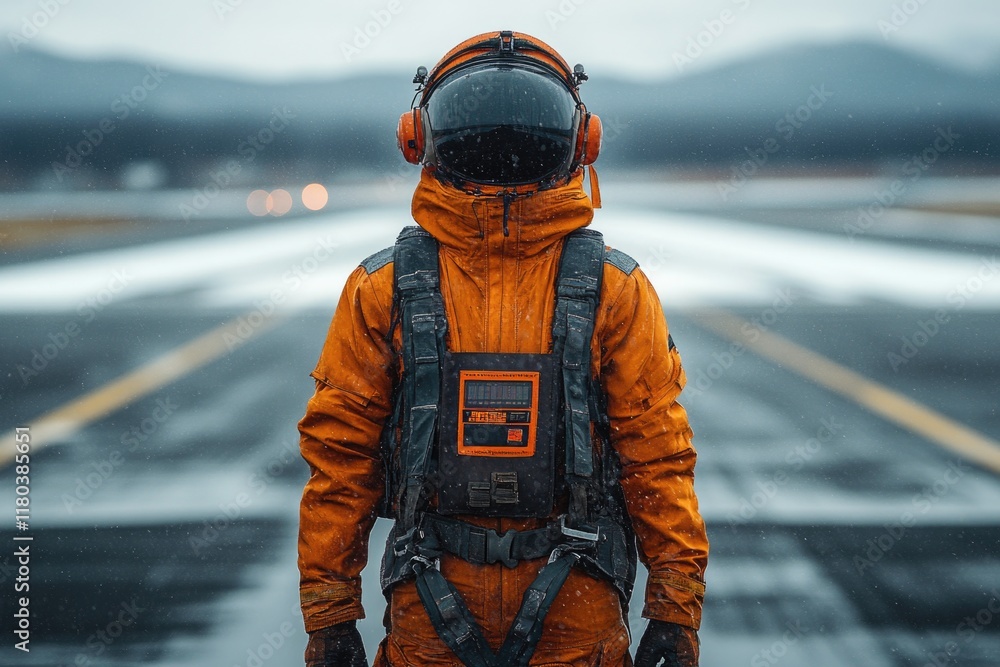 Poster astronaut on a runway wearing an orange spacesuit, perfect for science fiction and technology concep
