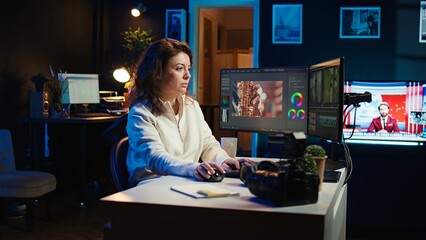 Video editor selecting key frames to use while doing video montage, working from home on computer....