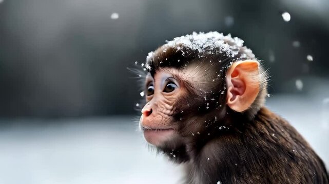 Cute baby monkey sitting on a branch in tropical forest. Wildlife, zoo and environmental concept. Exotic animal in nature habitat. World Wildlife Day, National Park Week, Monkey Day