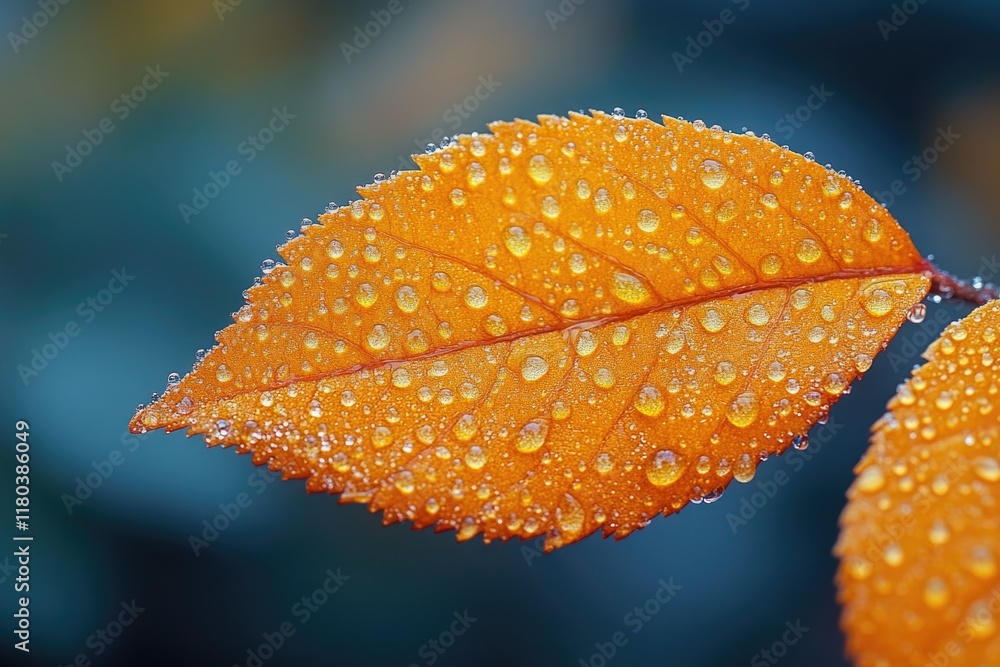Poster a detailed view of a leaf with tiny water droplets glistening on its surface