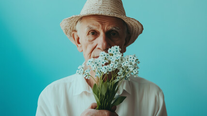 A man wearing a hat and holding a bouquet of flowers