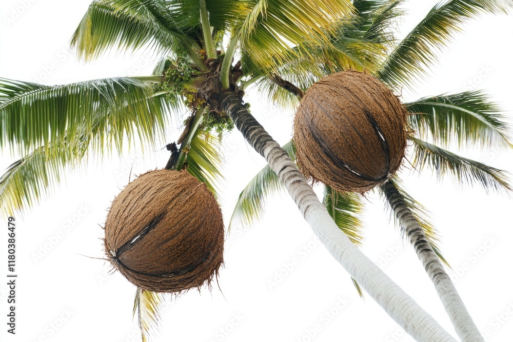 Poster Two coconuts hang from the branches of a palm tree in a tropical setting