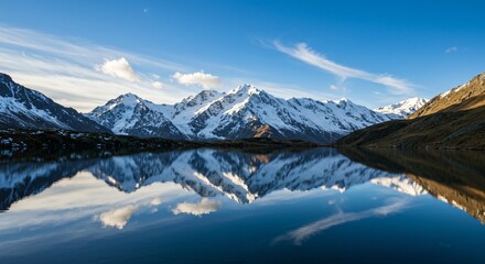 Naklejka premium A serene mountain lake reflecting the surrounding snowy peaks under a clear blue sky