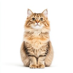 A fluffy and curious Ragamuffin cat sitting upright with a focused gaze, showcasing its unique furry coat and attentive expression.
