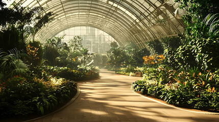 Sunlight streams through glass greenhouse, lush plants, pathway, city view.