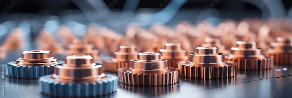 Poster intricate arrangement of copper gears in a futuristic mechanical setting. generative ai