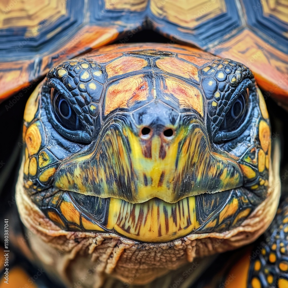 Poster close-up view of a turtle's face and eyes, with detailed features