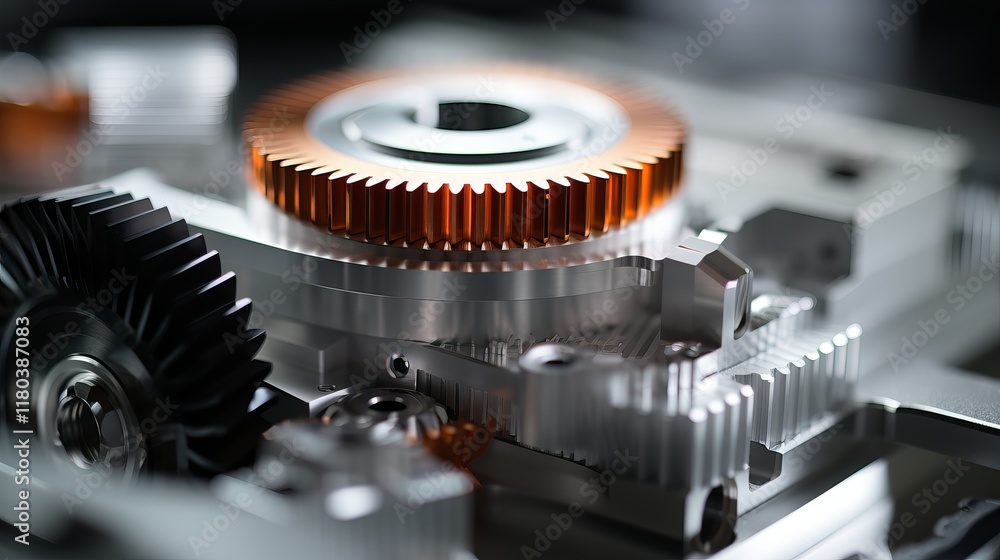 Poster intricate details of precision gears in a modern machinery setup. generative ai
