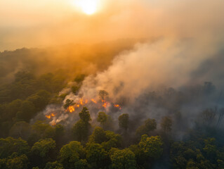 Fototapeta premium Forest Fire at Sunset: Aerial View of Smoke and Flames Amidst Dense Greenery