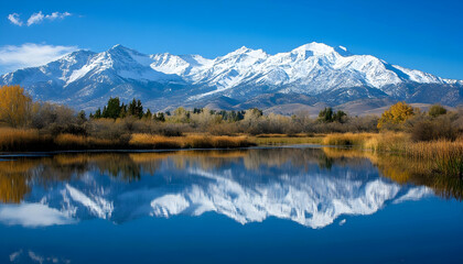 A breathtaking image of snow-capped mountains reflecting in a serene lake, creating a tranquil and picturesque view