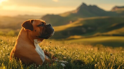 boxer dog and green hills with imposing peaks. generative ai