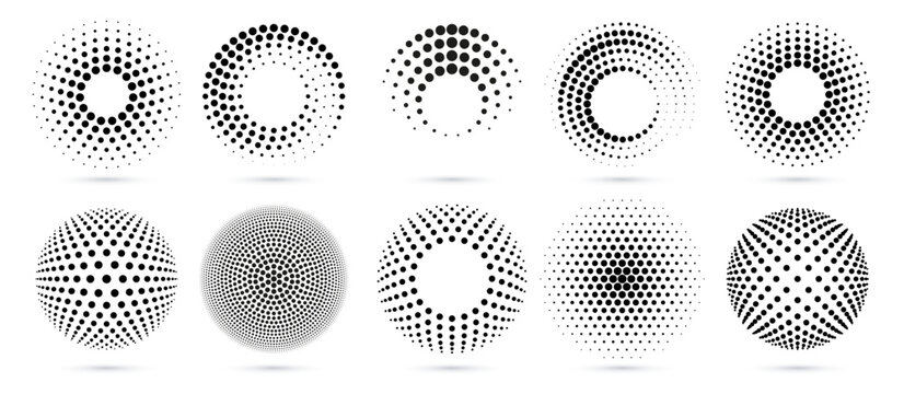 Half tone circle. Round dotted sphere frame, circles pattern border and abstract halftone graphic design vector set
