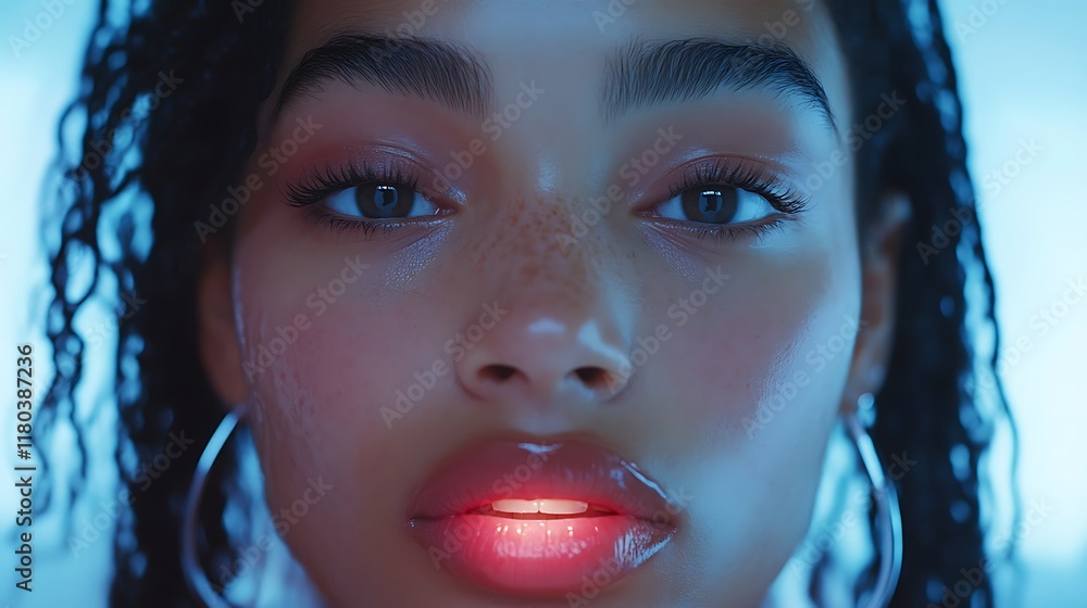 Poster close-up portrait of a person with illuminated lips and expressive features.
