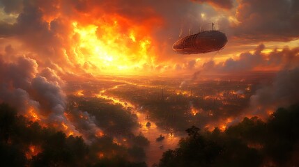 Airship Above Burning City And Forest