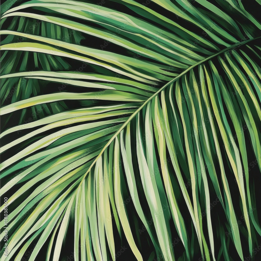 Poster a close-up view of a palm leaf on a black background, ideal for use in designs and presentations abo