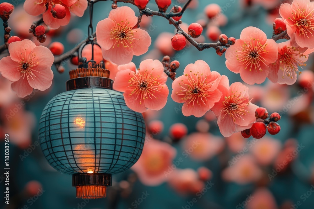 Aufkleber a lantern hangs from a tree branch adorned with pink flowers