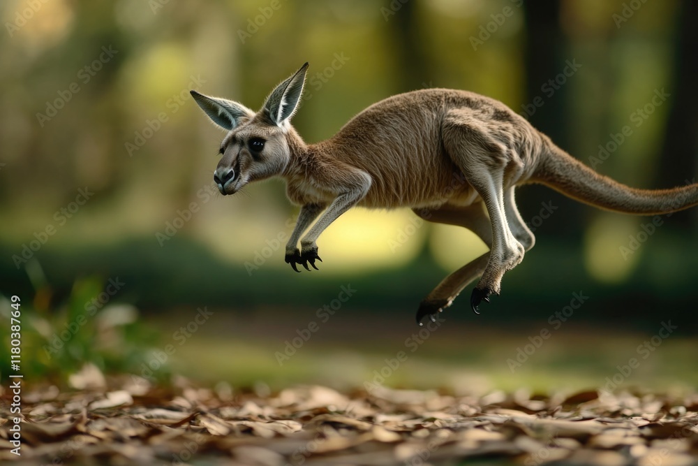 Poster a kangaroo jumping high in the air amidst trees in a forest