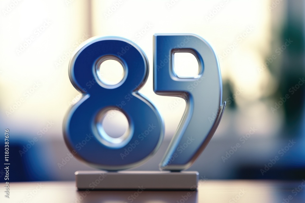 Poster a blue and silver number on a table with a simple background
