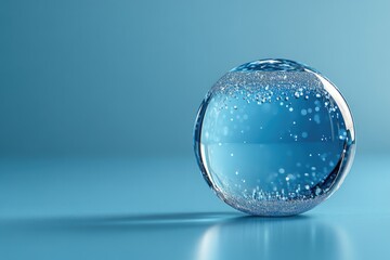 A clear glass ball filled with air bubbles sitting on a calm blue surface