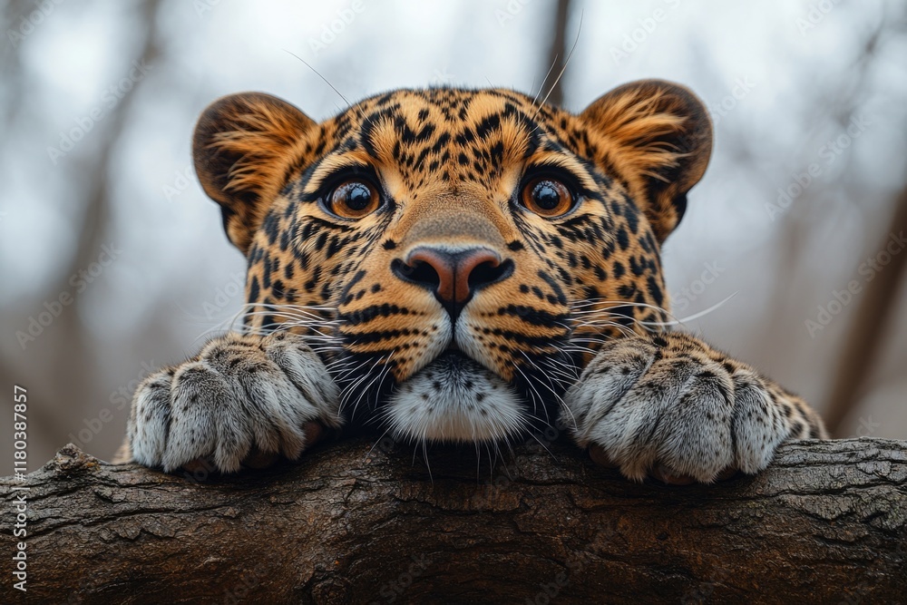 Poster close-up shot of a leopard resting on a tree branch, great for wildlife or nature themed projects