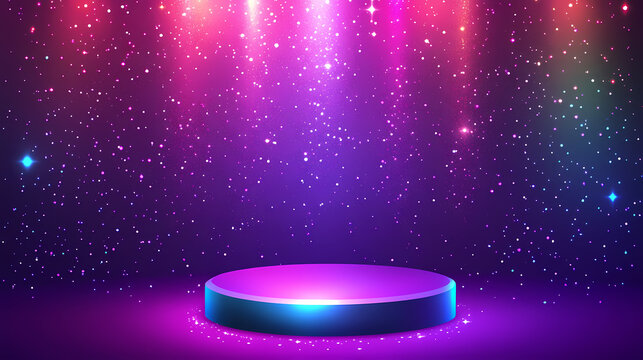 Minimalist stage with circle podium on purple background with rainbow crystal light refraction and sparkles, ideal for event, conference, or party concepts. Crystalpath. Illustration